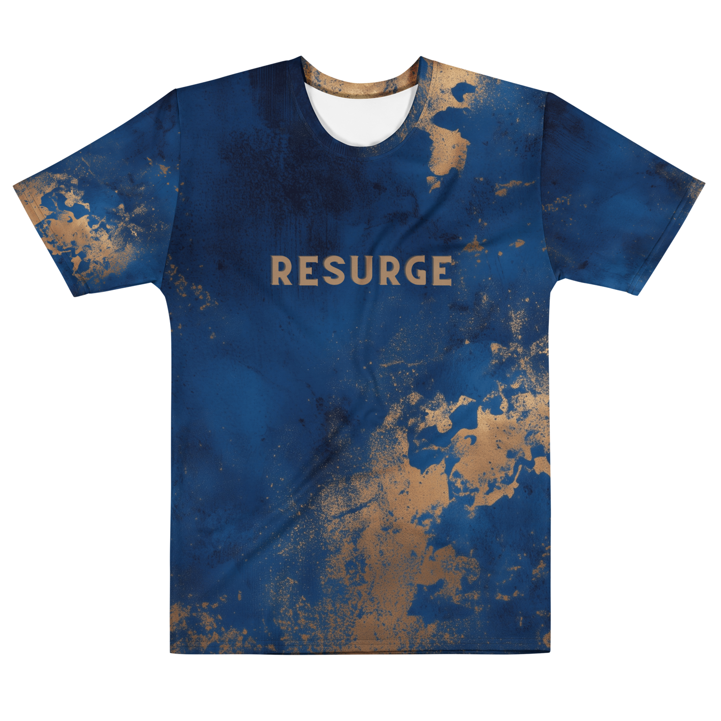 Front view of RESURGE men’s streetwear tee in blue and gold abstract texture - The Lost Soul Co.