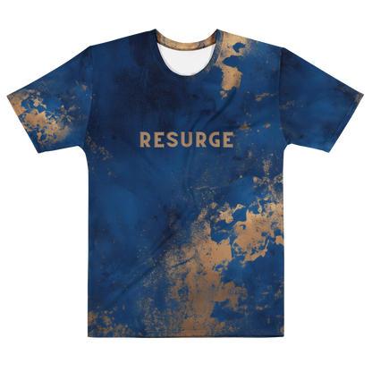 Front view of RESURGE men’s streetwear tee in blue and gold abstract texture - The Lost Soul Co.