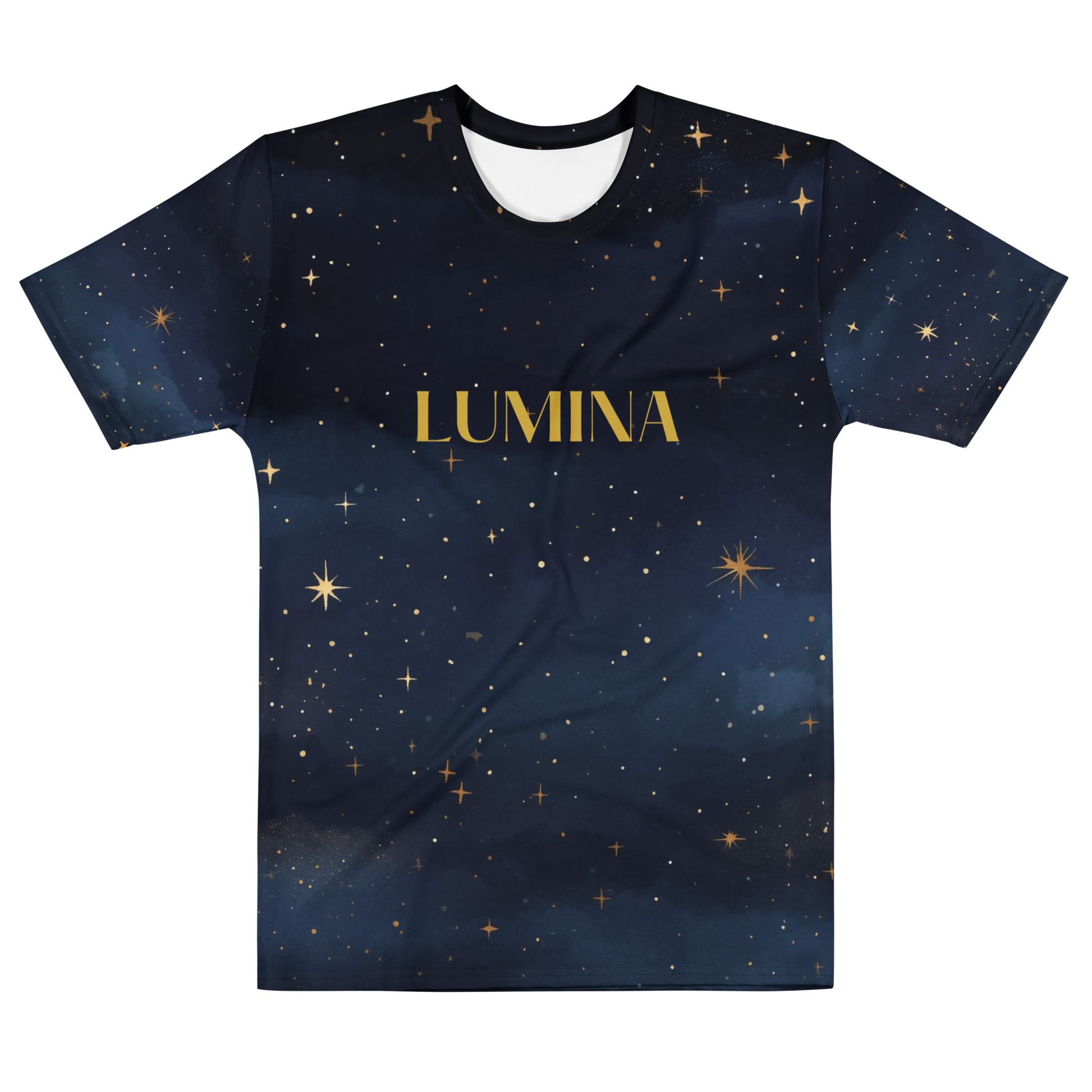 Navy streetwear tee with golden starfield and LUMINA text - The Lost Soul Co.