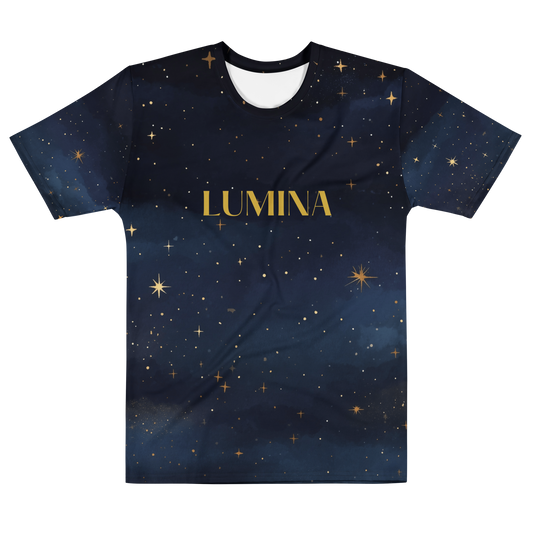 Navy streetwear tee with golden starfield and LUMINA text - The Lost Soul Co.