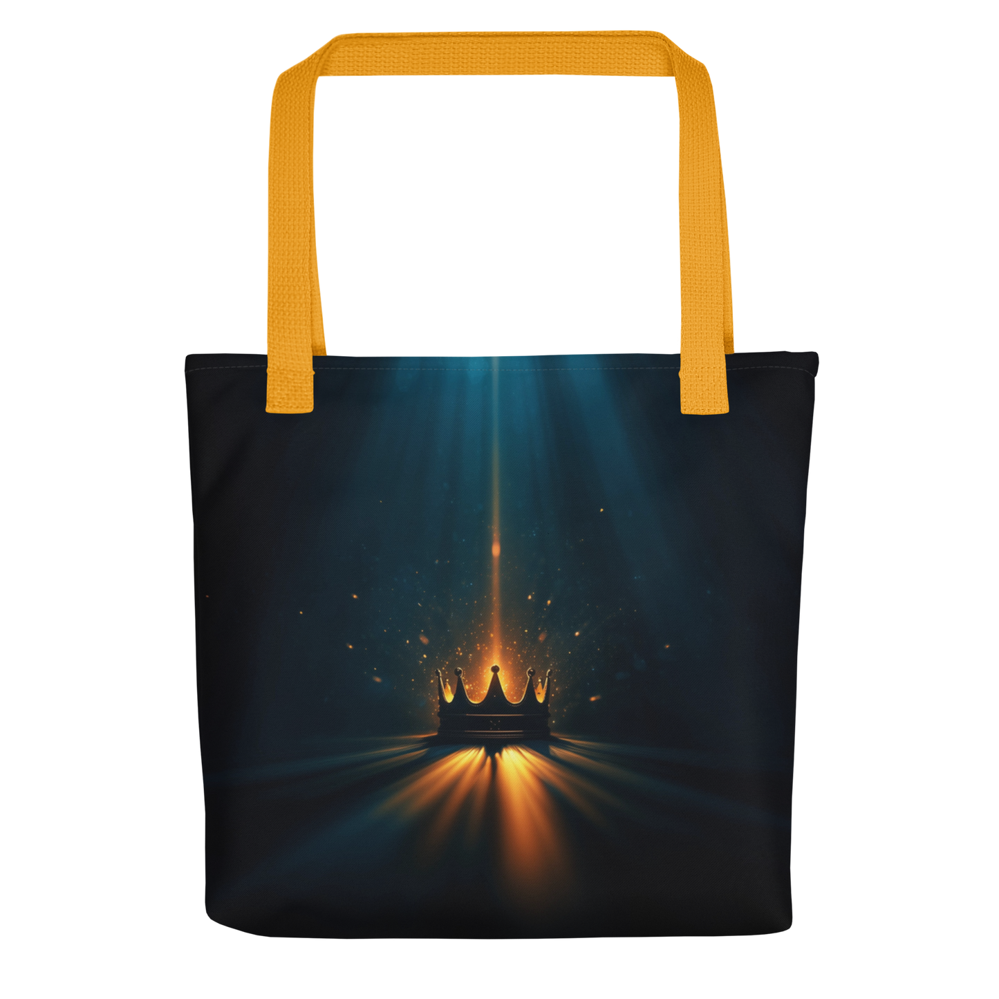 Tote bag with glowing golden crown artwork, dark aesthetic background, and yellow cotton handles