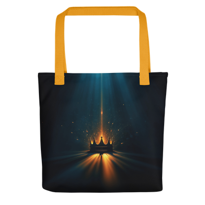 Tote bag with glowing golden crown artwork, dark aesthetic background, and yellow cotton handles