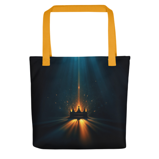 Tote bag with glowing golden crown artwork, dark aesthetic background, and yellow cotton handles