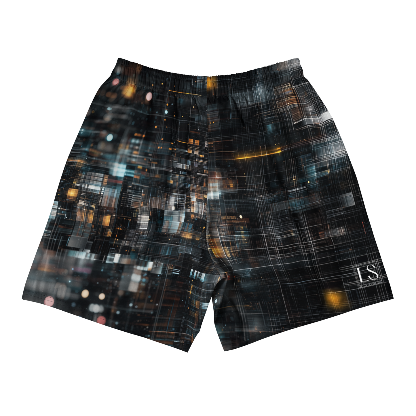 Unisex athletic long shorts with abstract tech grid design white LS logo on back — The Lost Soul Co.”