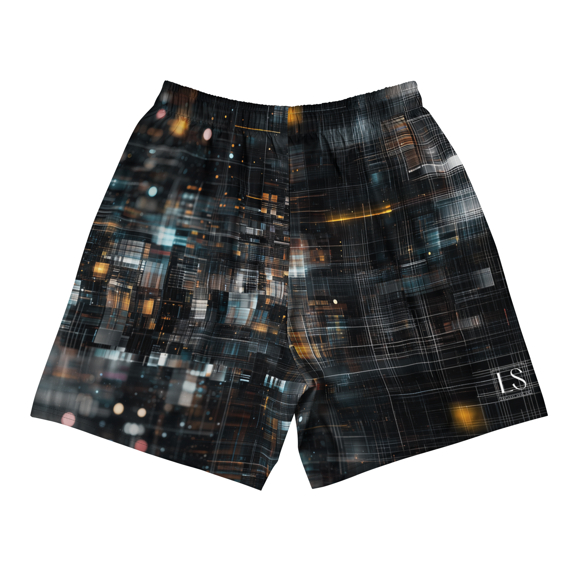 Unisex athletic long shorts with abstract tech grid design white LS logo on back — The Lost Soul Co.”