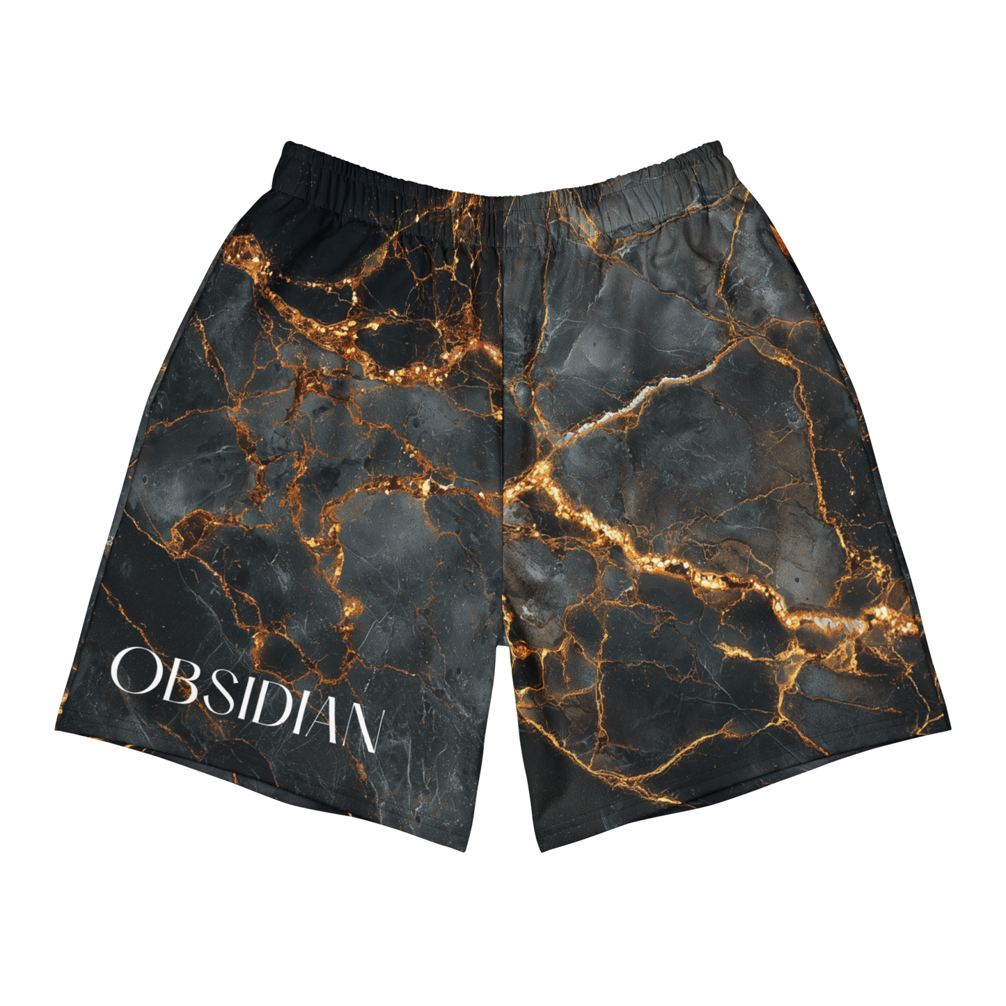 OBSIDIAN black and gold marble design unisex athletic long shorts – The Lost Soul Co.