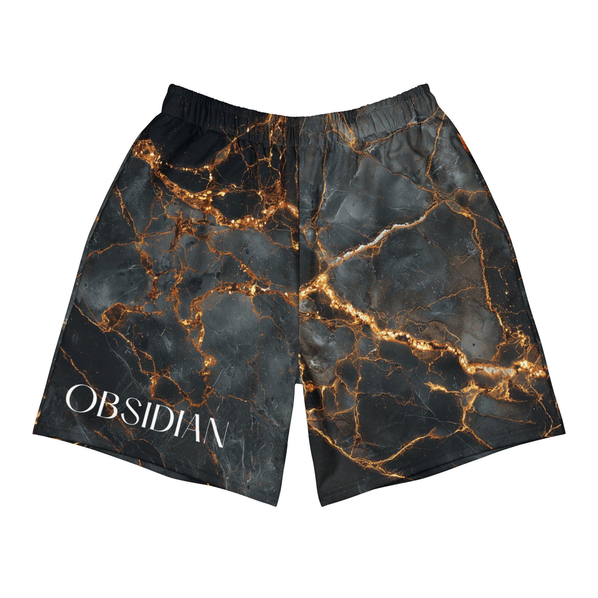 OBSIDIAN black and gold marble design unisex athletic long shorts – The Lost Soul Co.
