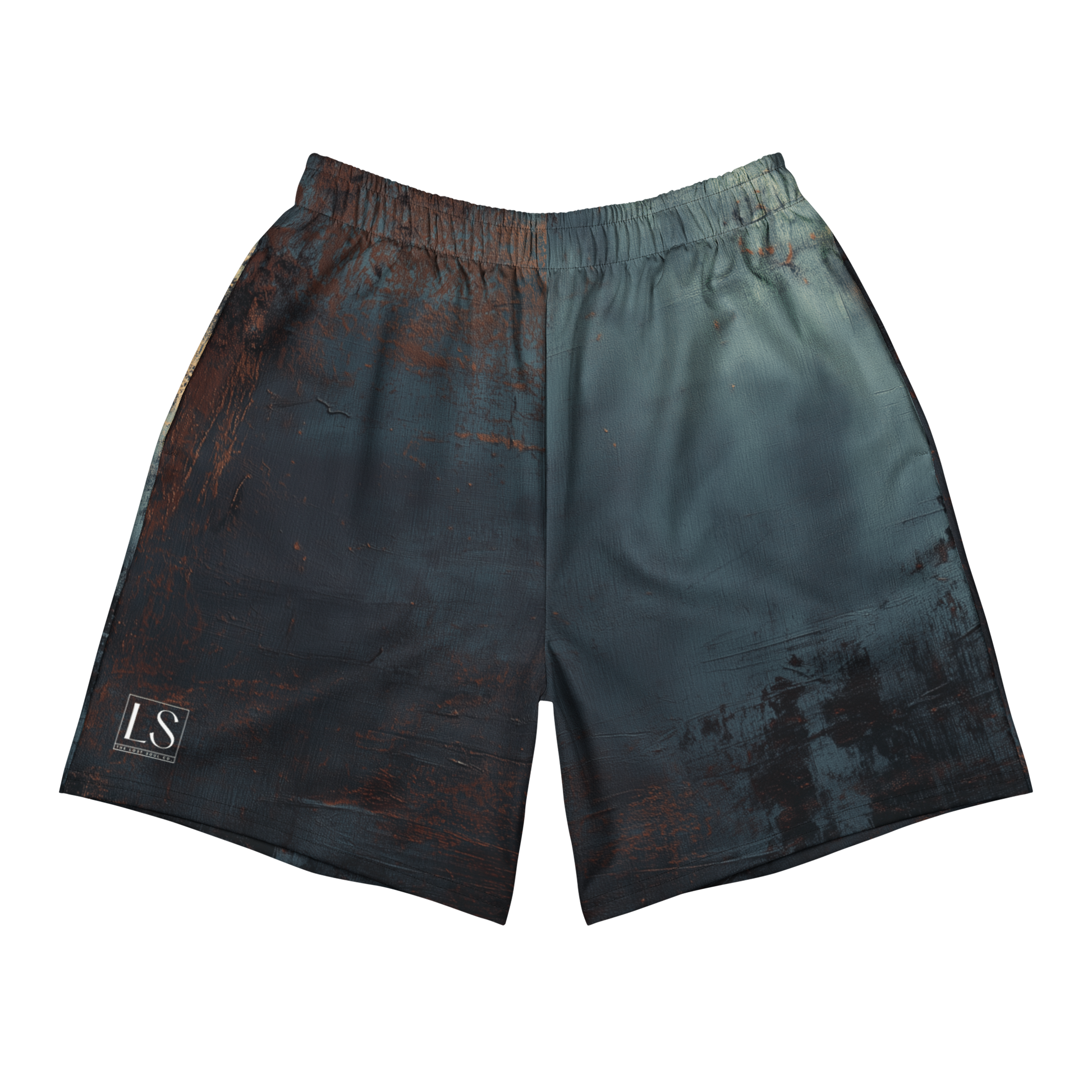 Rustborn Motion unisex athletic long shorts with abstract rust and blue texture design by The Lost Soul Co.