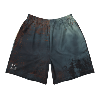 Rustborn Motion unisex athletic long shorts with abstract rust and blue texture design by The Lost Soul Co.