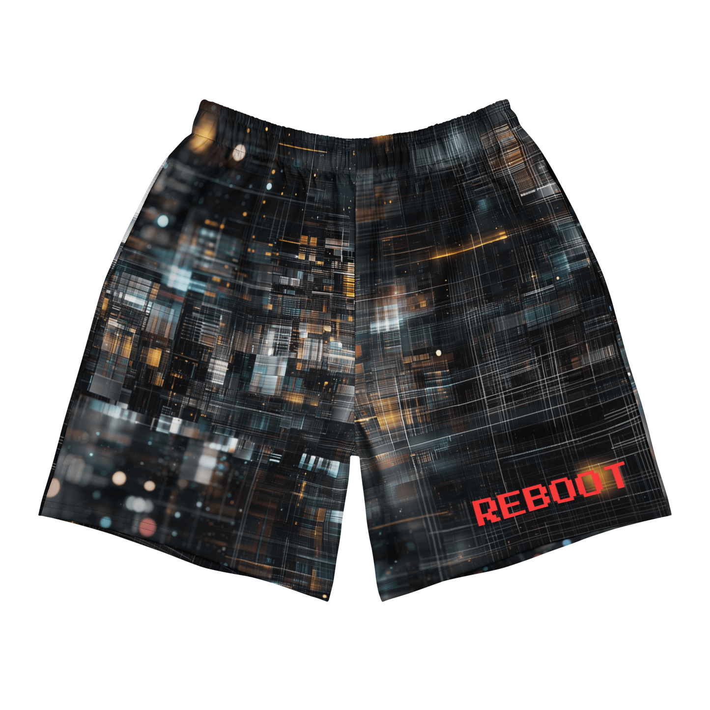 Unisex athletic long shorts with abstract tech grid design, red REBOOT text on front — The Lost Soul Co.