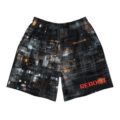 Unisex athletic long shorts with abstract tech grid design, red REBOOT text on front — The Lost Soul Co.