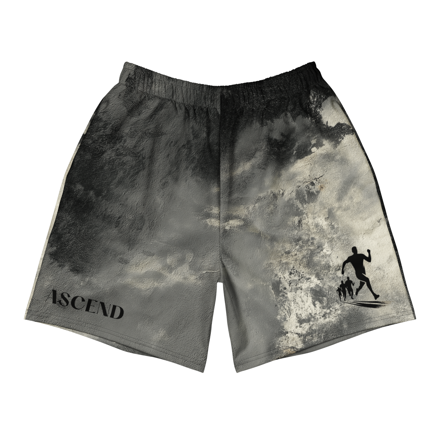 Front view of Ascend unisex athletic long shorts with runner silhouette and bold text design - The Lost Soul Co.
