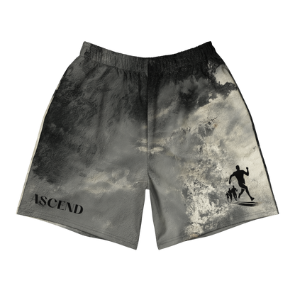 Front view of Ascend unisex athletic long shorts with runner silhouette and bold text design - The Lost Soul Co.