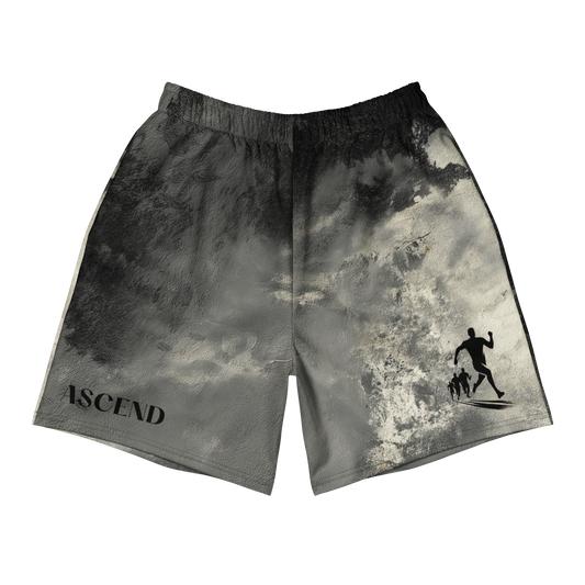 Front view of Ascend unisex athletic long shorts with runner silhouette and bold text design - The Lost Soul Co.