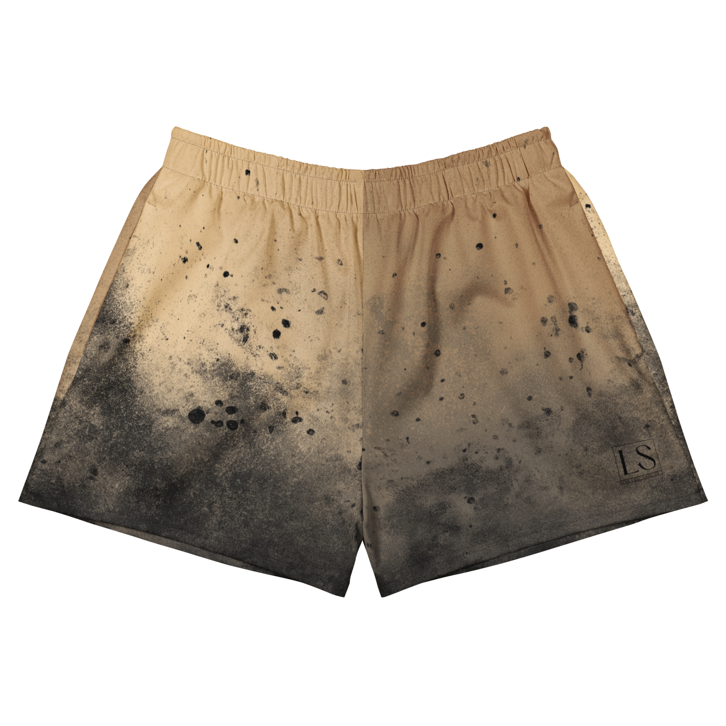 Unisex athletic shorts with gold-to-black splatter fade and black LS logo, premium activewear by The Lost Soul Co.
