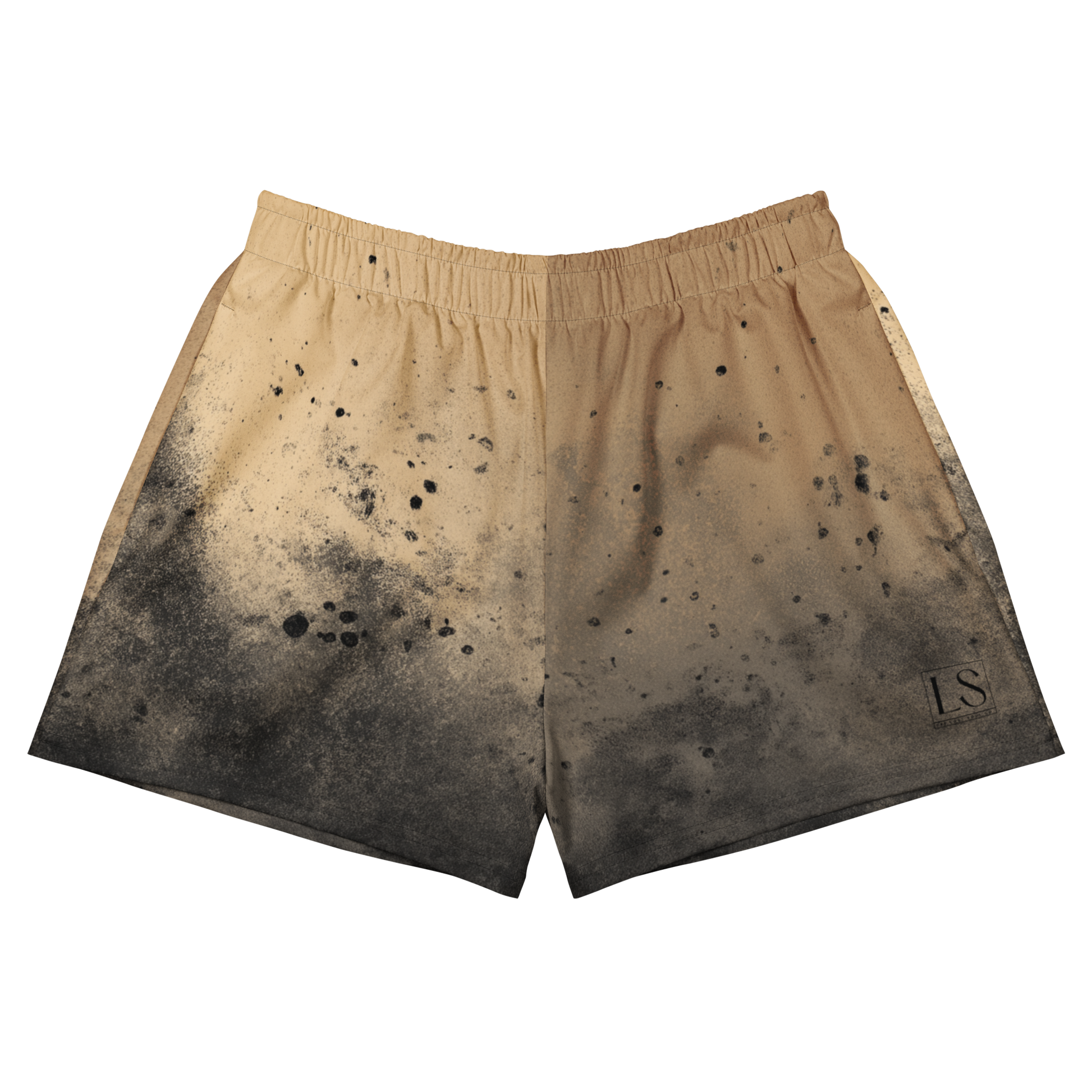 Unisex athletic shorts with gold-to-black splatter fade and black LS logo, premium activewear by The Lost Soul Co.
