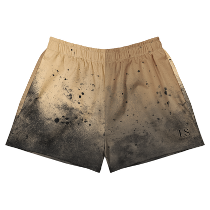Unisex athletic shorts with gold-to-black splatter fade and black LS logo, premium activewear by The Lost Soul Co.
