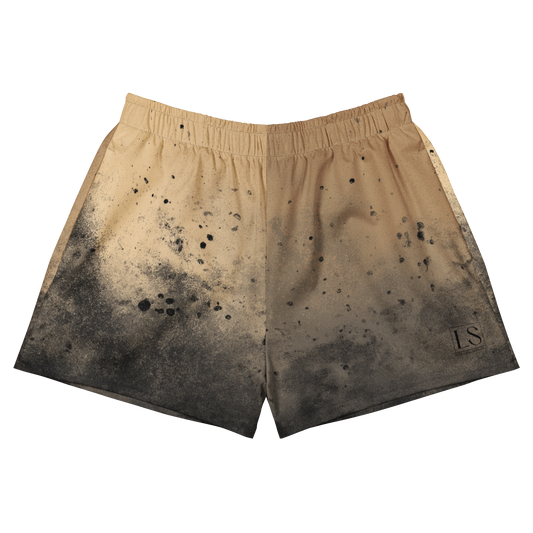 Unisex athletic shorts with gold-to-black splatter fade and black LS logo, premium activewear by The Lost Soul Co.
