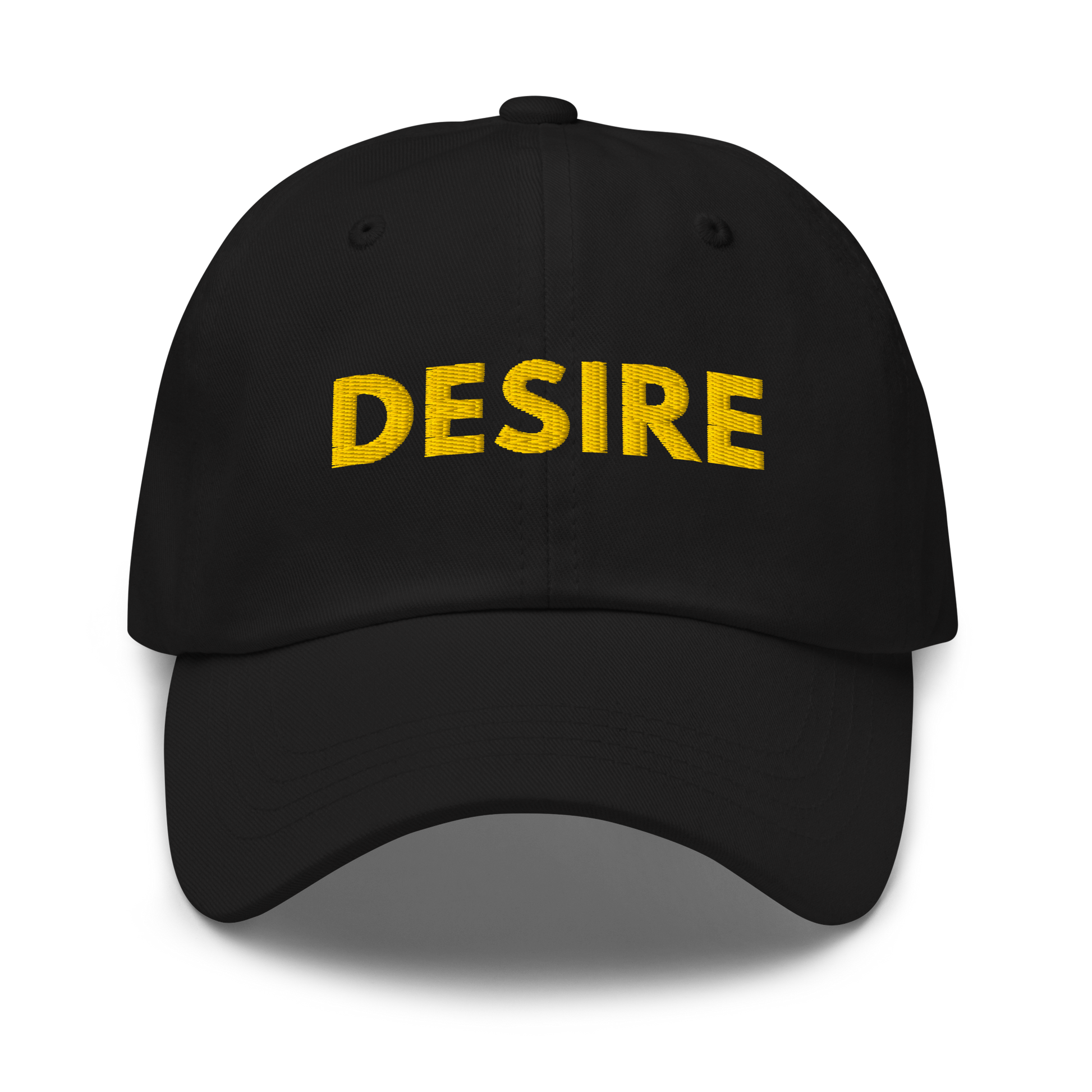 Black classic dad hat with gold “DESIRE” embroidery on front and small “LS” logo on back, premium minimal streetwear design by The Lost Soul Co.
