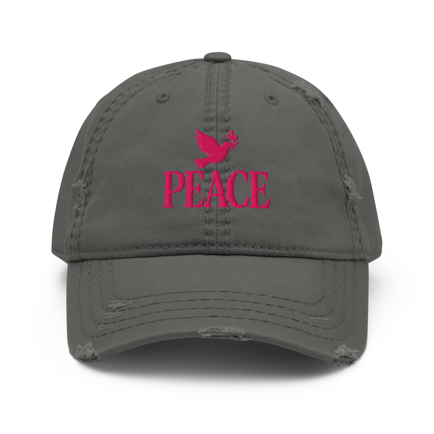 Charcoal grey distressed dad hat with 3D embroidery of a dove and the “PEACE” by The Lost Soul Co.
