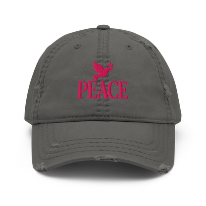 Charcoal grey distressed dad hat with 3D embroidery of a dove and the “PEACE” by The Lost Soul Co.
