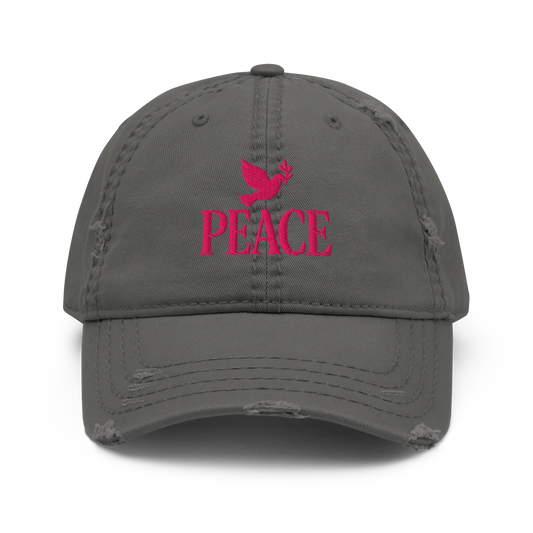 Charcoal grey distressed dad hat with 3D embroidery of a dove and the “PEACE” by The Lost Soul Co.

