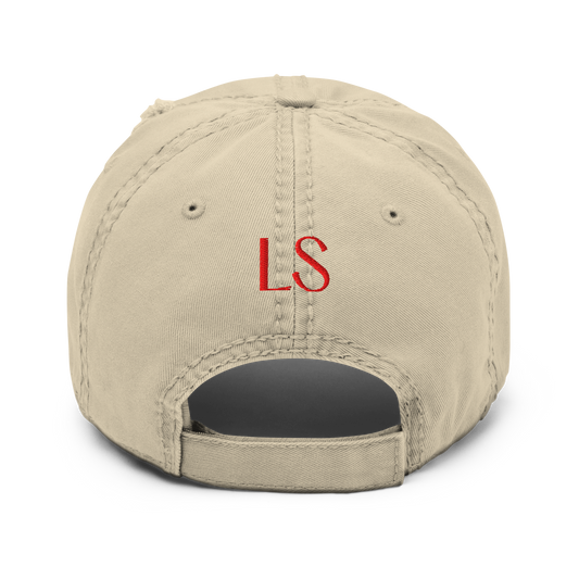 Distressed dad hat with embroidered LS initials on the back — premium streetwear cap by The Lost Soul Co.