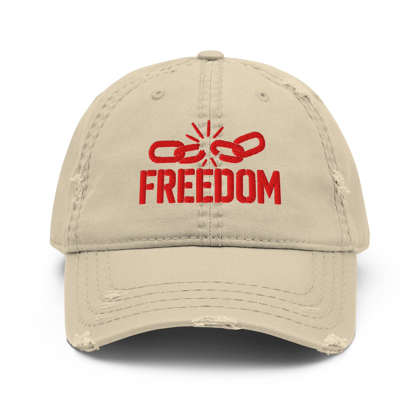 Distressed dad hat with embroidered broken chain and “FREEDOM” text on the front— premium streetwear cap by The Lost Soul Co.