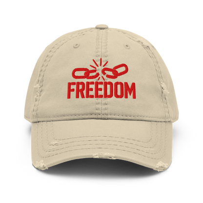 Distressed dad hat with embroidered broken chain and “FREEDOM” text on the front— premium streetwear cap by The Lost Soul Co.