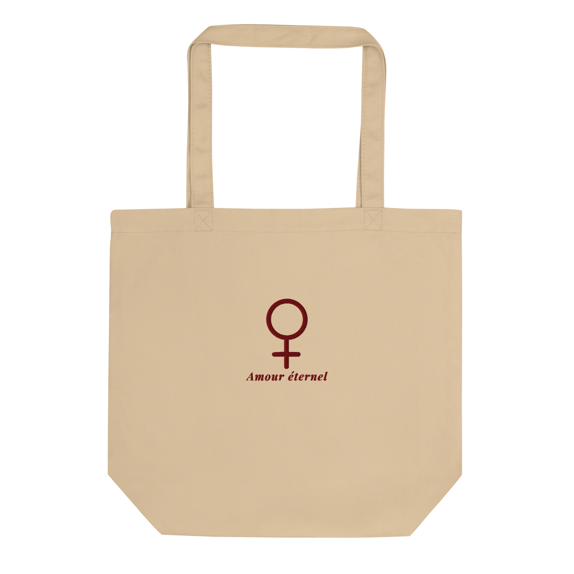 Organic cotton eco tote bag in oyster color featuring a maroon embroidered Venus symbol and the words “Amour éternel” in elegant italic typography. | The Lost Soul Co.
