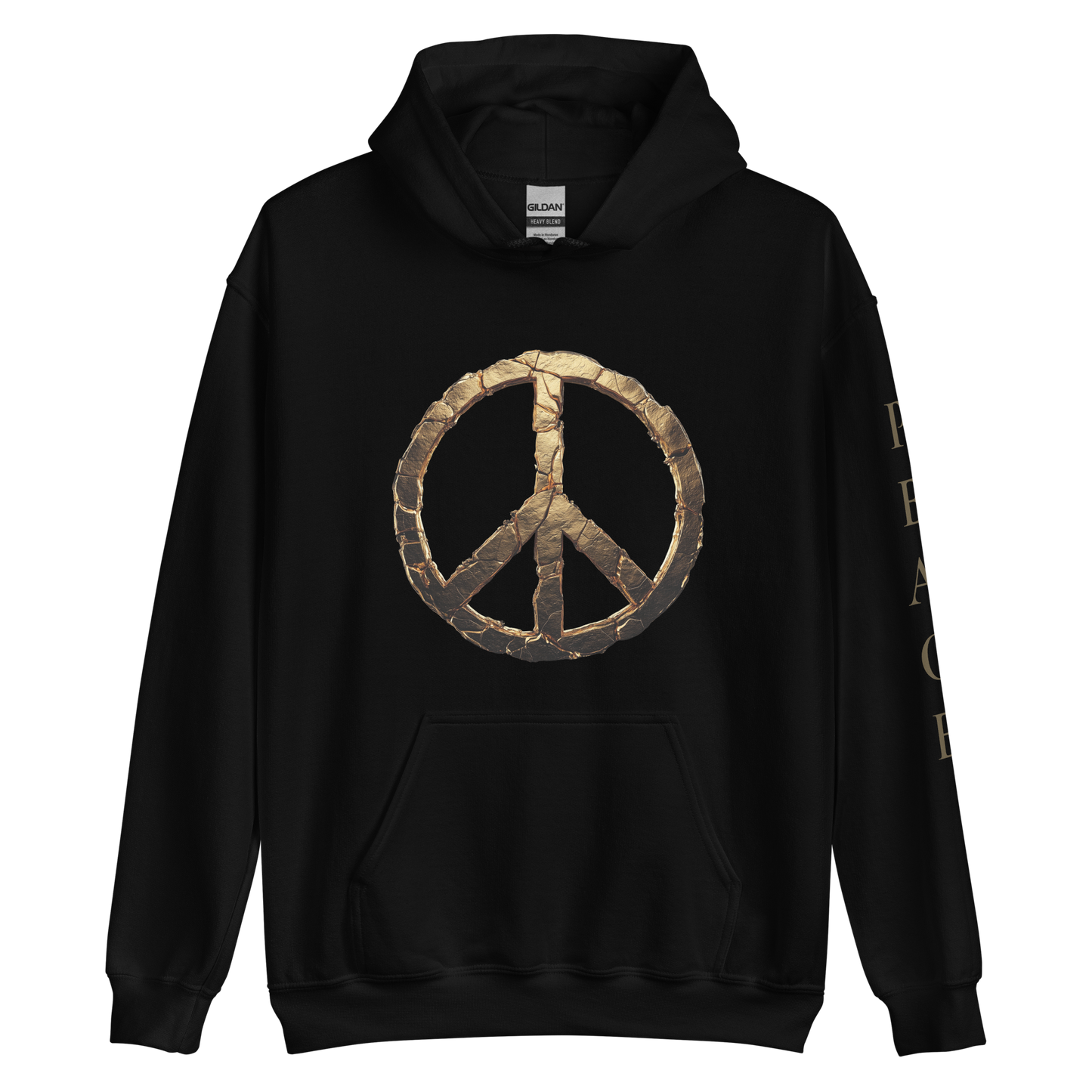 Unisex streetwear hoodie with fractured gold peace symbol on the front, vertical PEACE text on the sleeve - The Lost Soul Co.