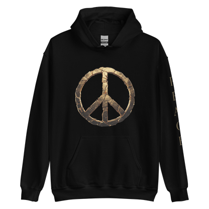 Unisex streetwear hoodie with fractured gold peace symbol on the front, vertical PEACE text on the sleeve - The Lost Soul Co.