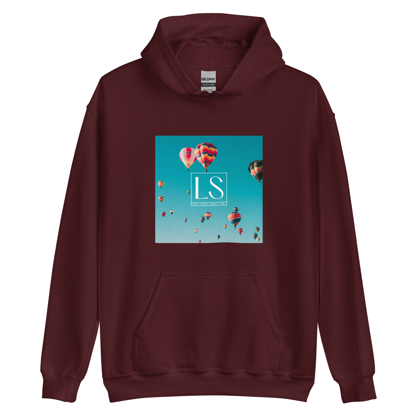 Maroon hoodie with hot-air balloon graphic - The Lost Soul Co.