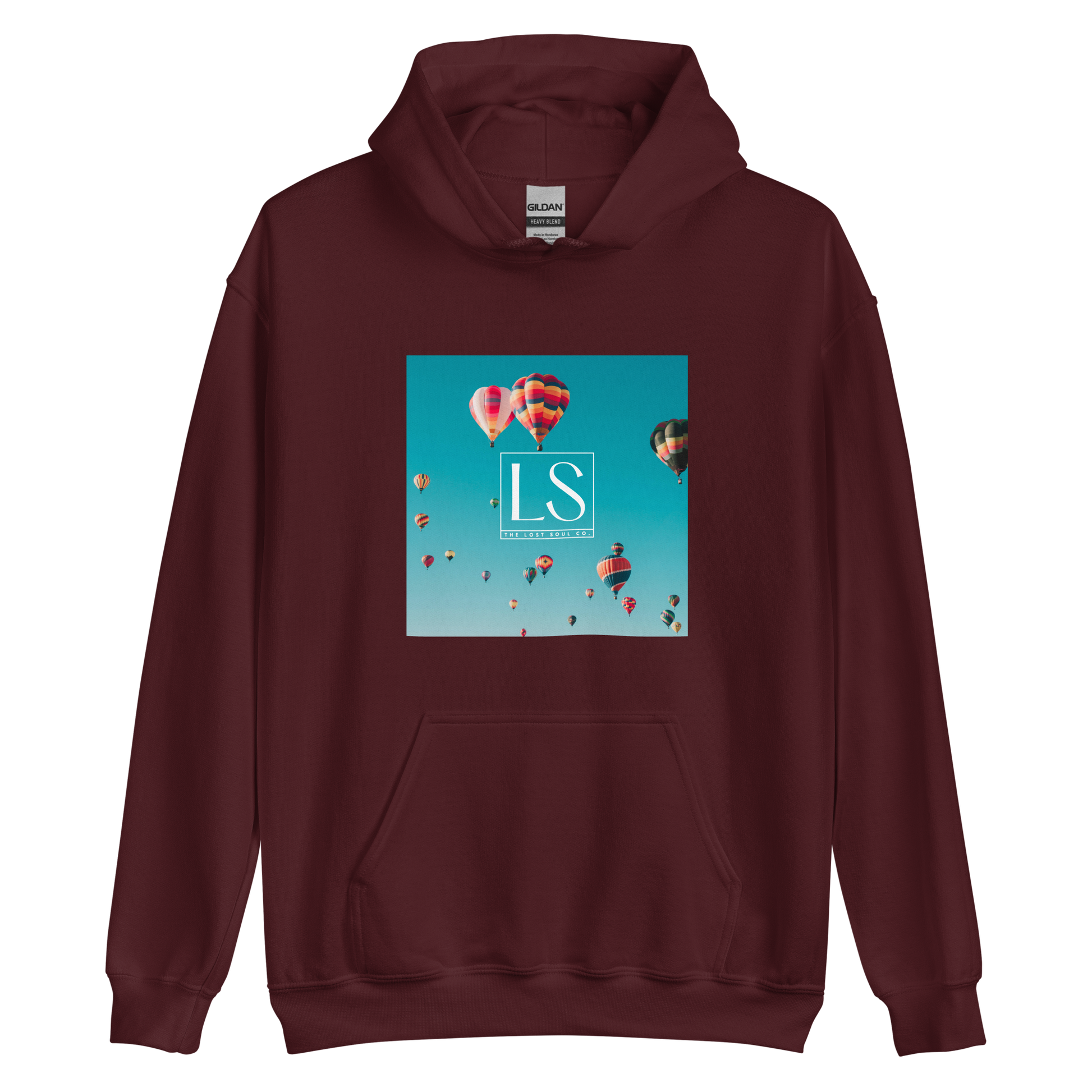 Maroon hoodie with hot-air balloon graphic - The Lost Soul Co.