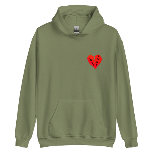 Unisex streetwear hoodie with Broken Not Done fractured-heart graphic and Lost Soul emblem – The Lost Soul Co.
