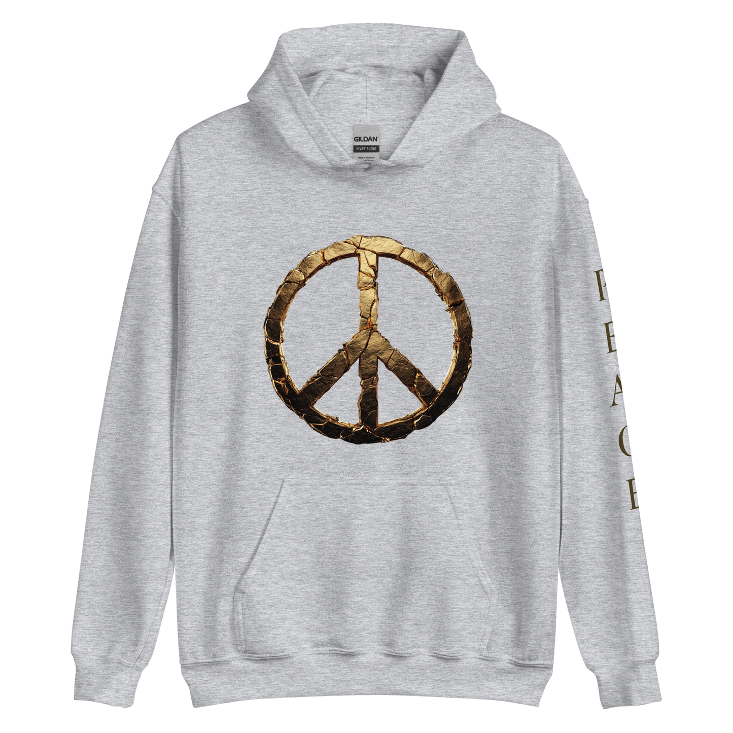 Unisex streetwear hoodie with fractured gold peace symbol on the front, vertical PEACE text on the sleeve - The Lost Soul Co.