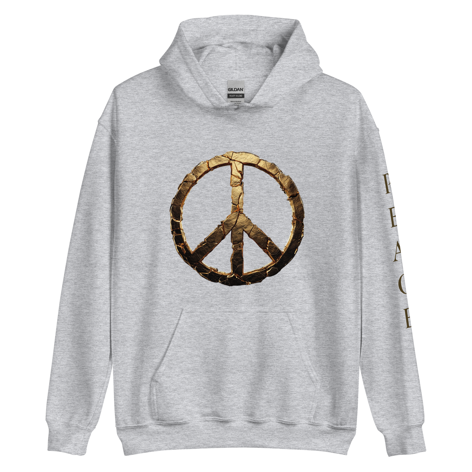 Unisex streetwear hoodie with fractured gold peace symbol on the front, vertical PEACE text on the sleeve - The Lost Soul Co.