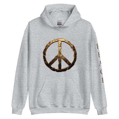 Unisex streetwear hoodie with fractured gold peace symbol on the front, vertical PEACE text on the sleeve - The Lost Soul Co.