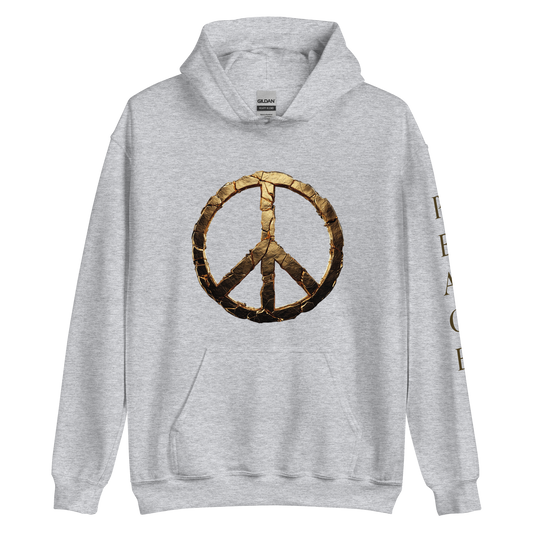 Unisex streetwear hoodie with fractured gold peace symbol on the front, vertical PEACE text on the sleeve - The Lost Soul Co.