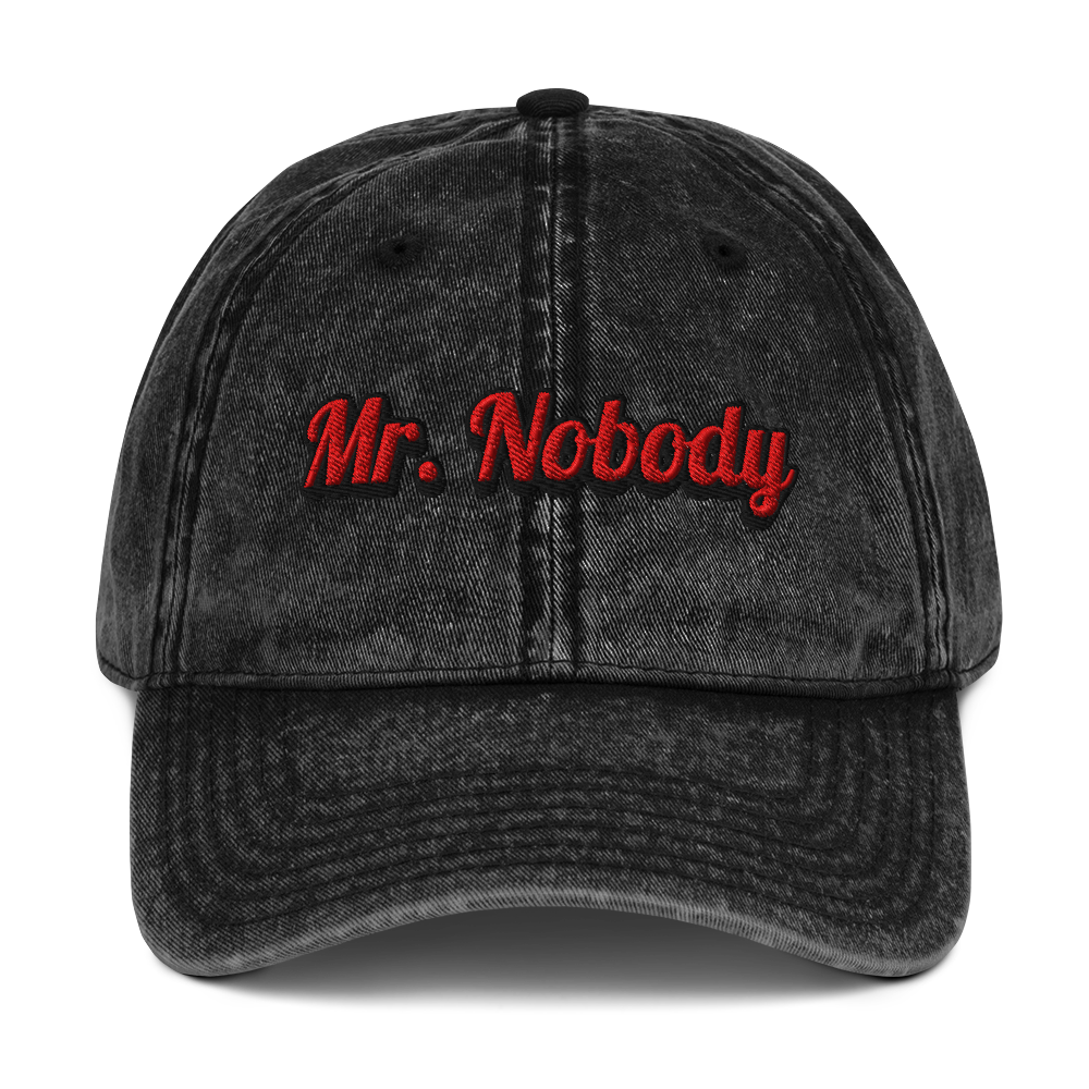 Black Vintage Hat with Mr. Nobody lettering – minimal streetwear style designed by The Lost Soul Co.