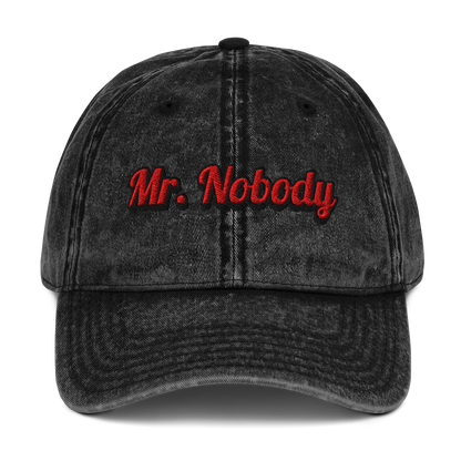 Black Vintage Hat with Mr. Nobody lettering – minimal streetwear style designed by The Lost Soul Co.