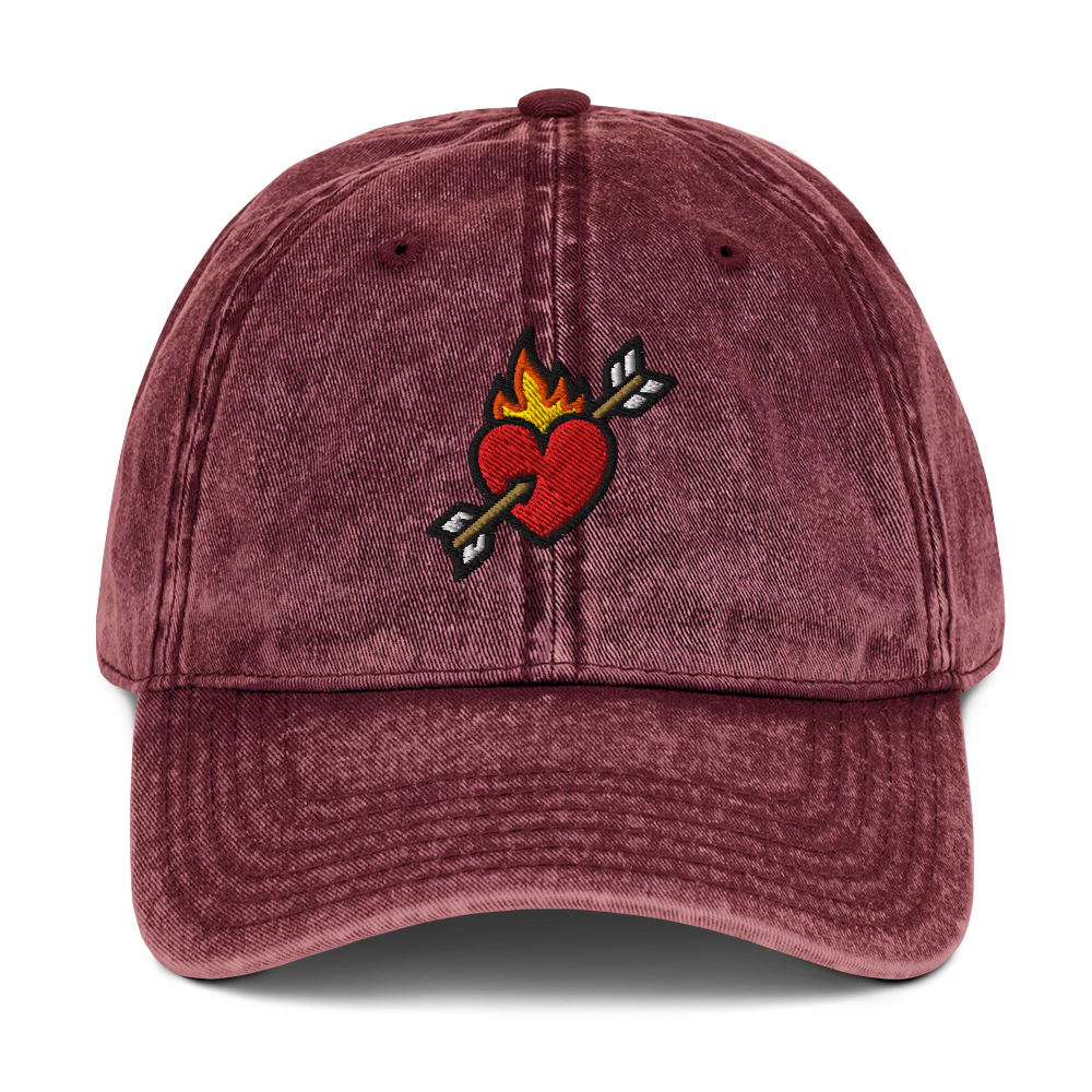 Flaming heart and arrow embroidered on a vintage-washed cotton hat — The Lost Soul Co.