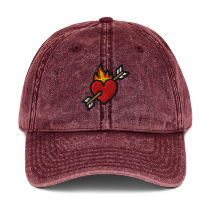 Flaming heart and arrow embroidered on a vintage-washed cotton hat — The Lost Soul Co.