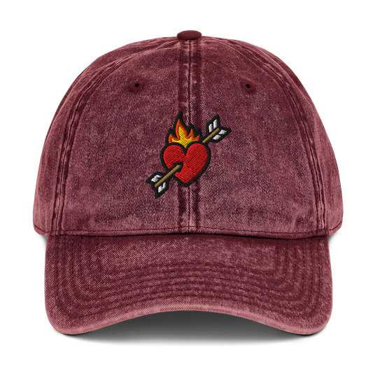 Flaming heart and arrow embroidered on a vintage-washed cotton hat — The Lost Soul Co.
