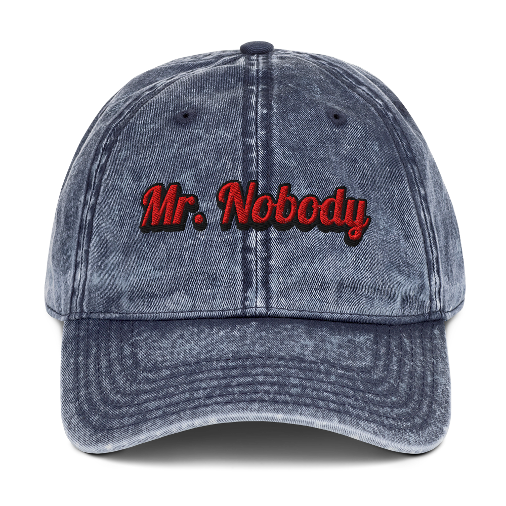 Navy Vintage Hat with Mr. Nobody script – premium washed cotton cap - The Lost Soul Co.