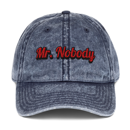 Navy Vintage Hat with Mr. Nobody script – premium washed cotton cap - The Lost Soul Co.