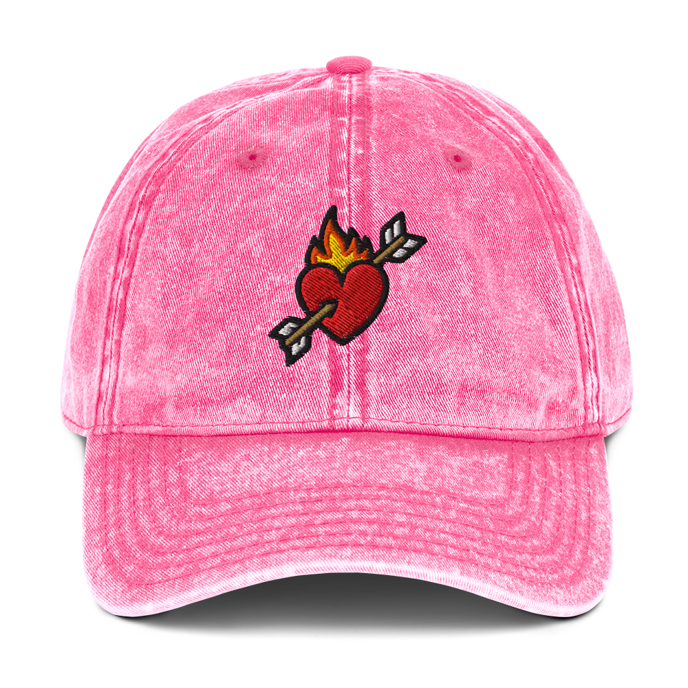 Flaming heart and arrow embroidered on a vintage-washed cotton hat in pink — The Lost Soul Co.