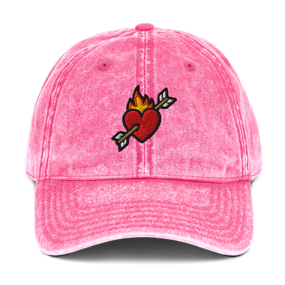 Flaming heart and arrow embroidered on a vintage-washed cotton hat in pink — The Lost Soul Co.