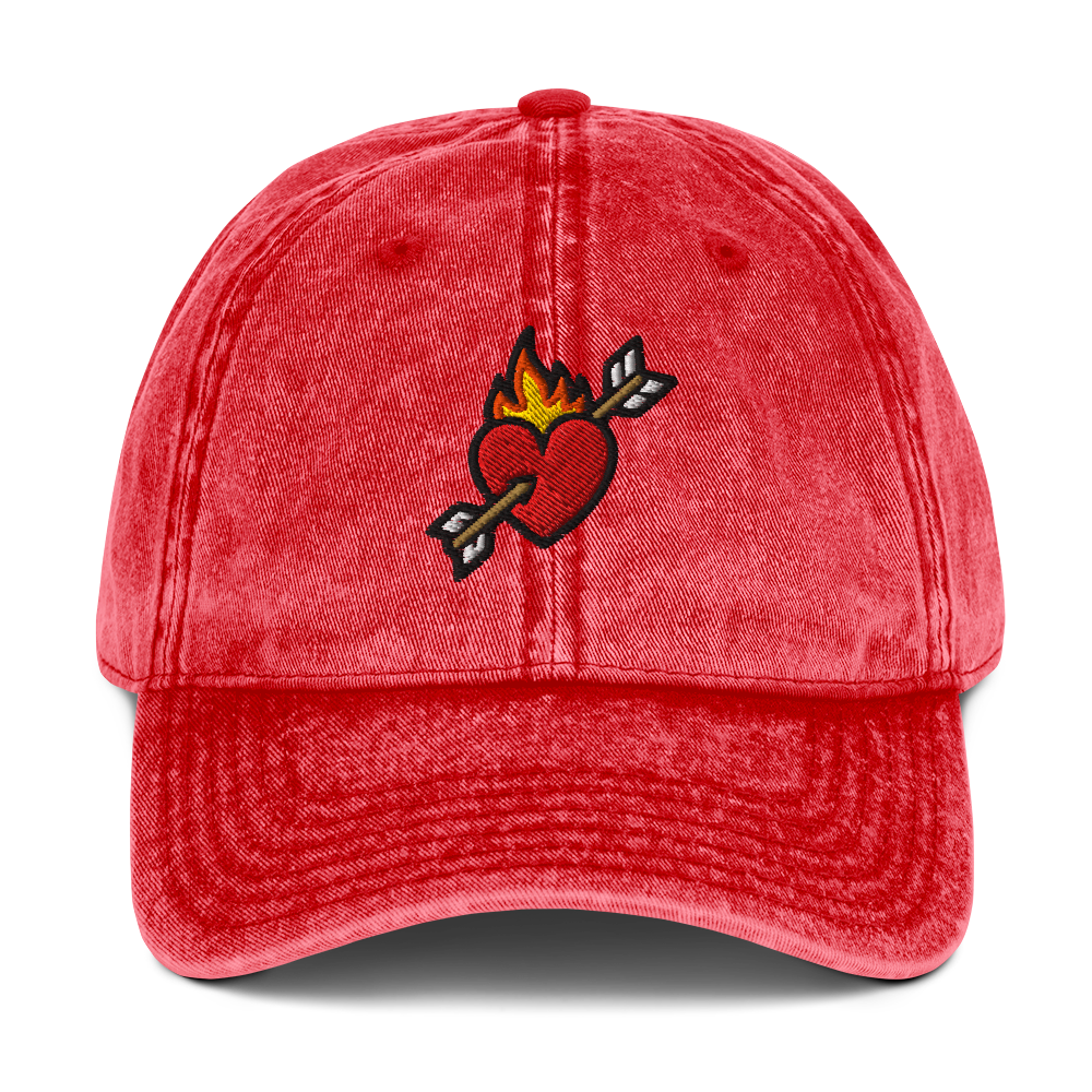 Flaming heart and arrow embroidered on a vintage-washed cotton hat in red — The Lost Soul Co.