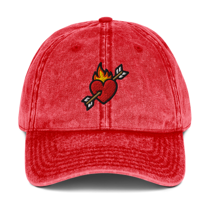 Flaming heart and arrow embroidered on a vintage-washed cotton hat in red — The Lost Soul Co.